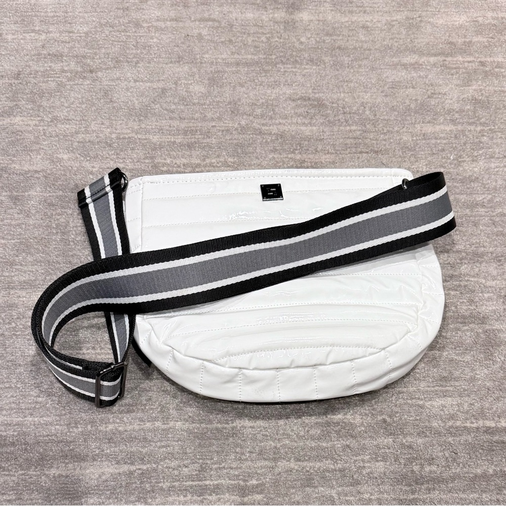 The Mercer Crossbody White Patent Quilted Crossbody with Black/Grey/White strap